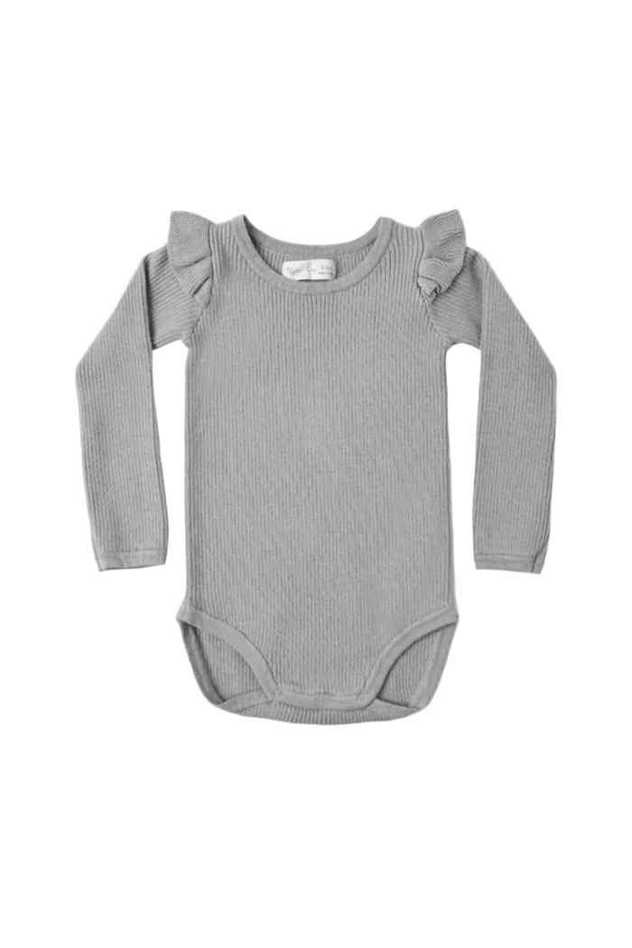 A light blue-gray ribbed long-sleeve baby bodysuit with ruffled shoulder details, laid flat against a light gray background.