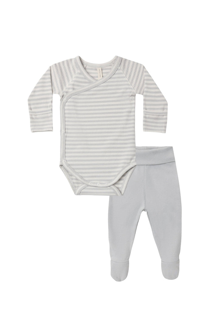 Baby two-piece outfit set featuring a long-sleeve wrap bodysuit with thin gray and white horizontal stripes, paired with light gray footed leggings, shown on a plain white background.