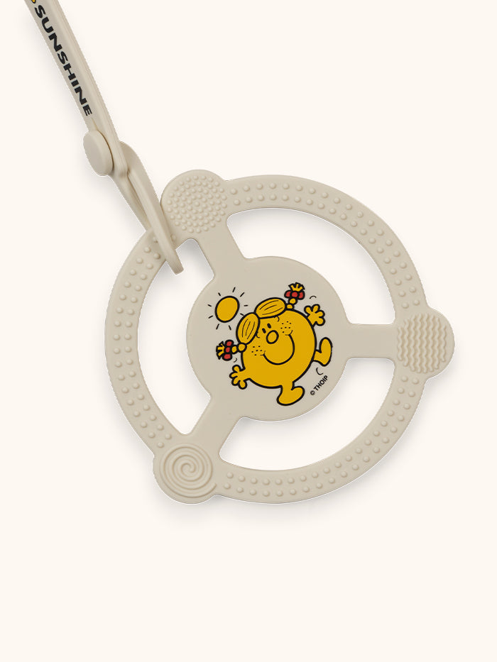 Little Miss Sunshine Silicone Teether ring flat lay with clip attached