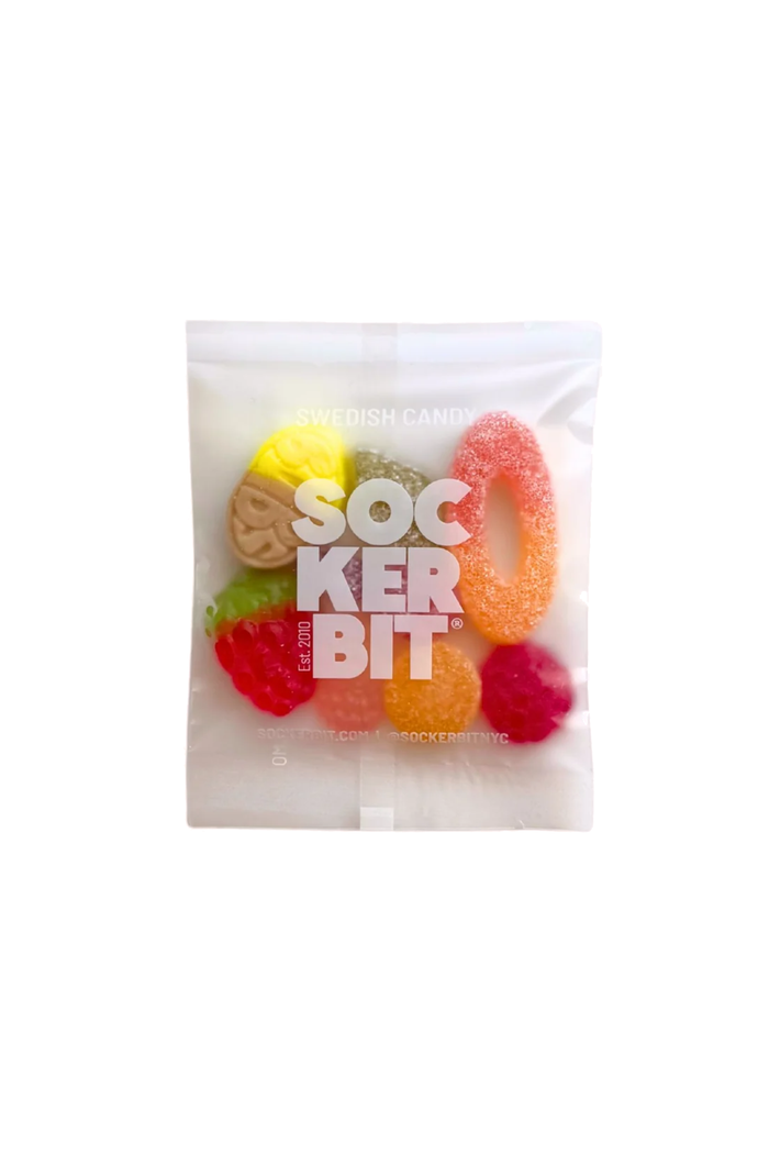 Packaged gummy candies with colorful shapes and 'Socker Bit' branding on a white background