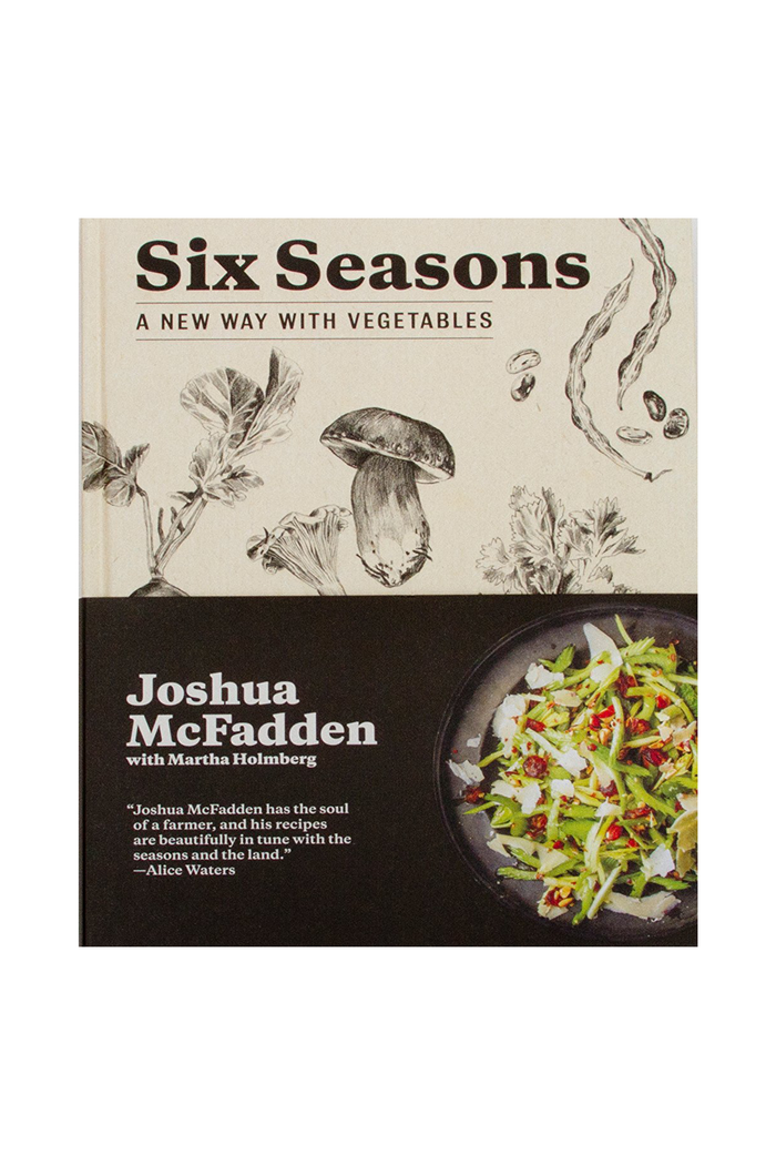 The cover of the book 'Six Seasons: A New Way with Vegetables' by Joshua McFadden, featuring illustrations of vegetables and a dish on a plate.