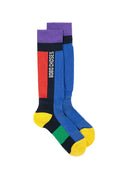 A pair of multicolor crew socks from Bobo Choses, featuring a color-blocked design with purple, black, red, blue, green, and yellow sections, displayed on a clean white background.