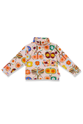 A long-sleeve turtle neck top with a colorful butterfly and flower pattern on a light pinkish-beige background, shown flat against a white background.