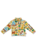 A long-sleeve baby turtleneck top with a colorful safari animal print on a light beige background, featuring cartoon elephants, giraffes, tigers, pandas, and trees.