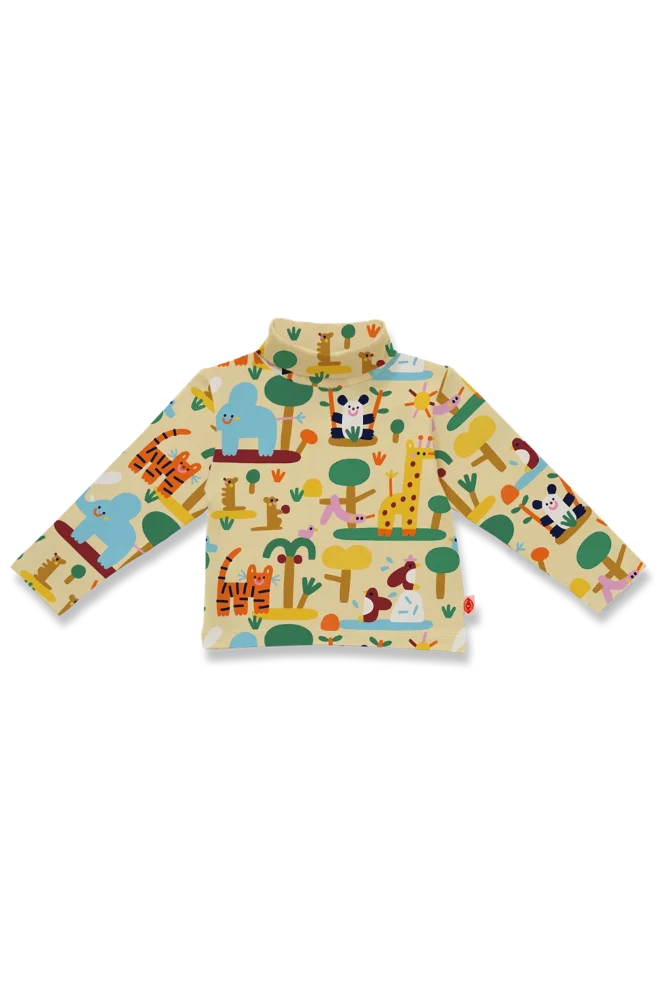 A long-sleeve baby turtleneck top with a colorful safari animal print on a light beige background, featuring cartoon elephants, giraffes, tigers, pandas, and trees.