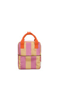 Striped backpack with orange handles on a white background