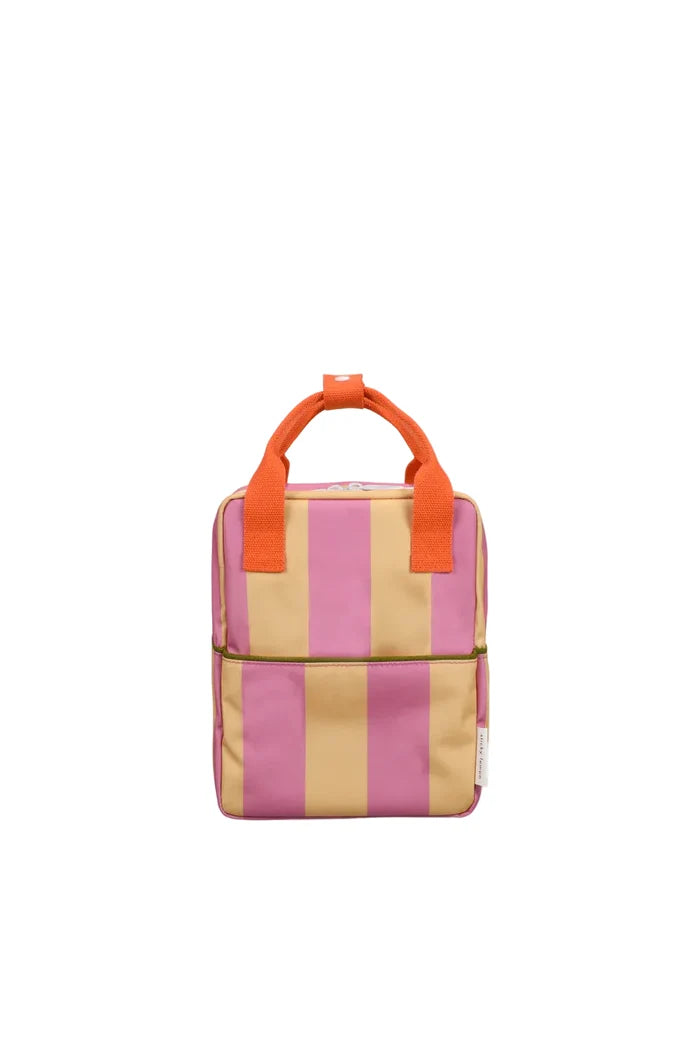 Striped backpack with orange handles on a white background