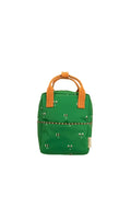 Green backpack with brown handles on a white background