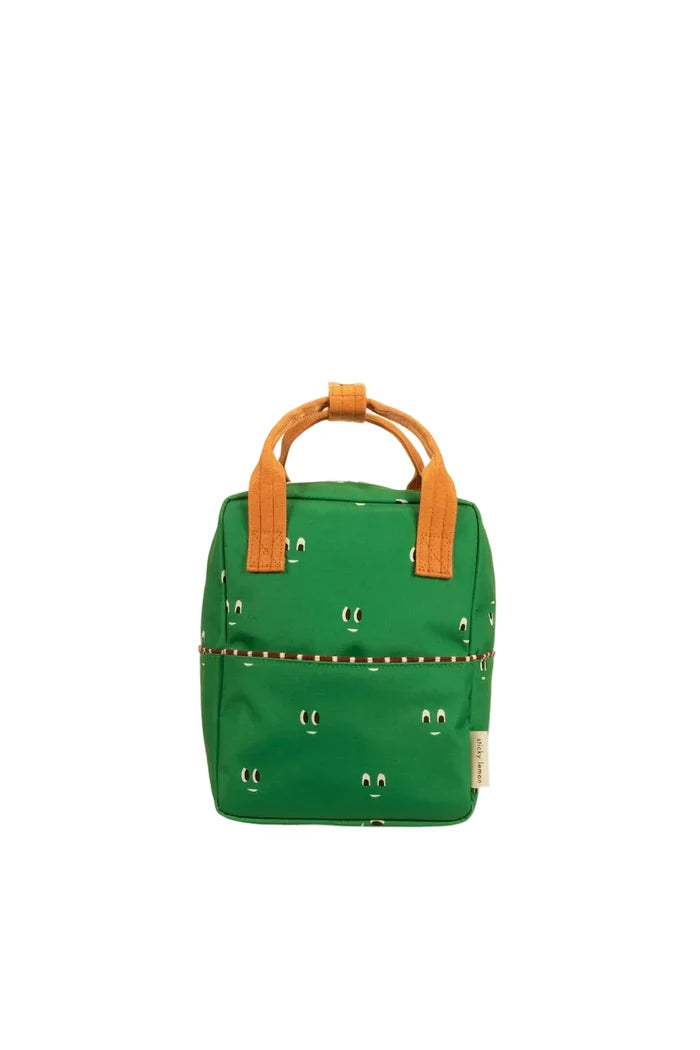 Green backpack with brown handles on a white background