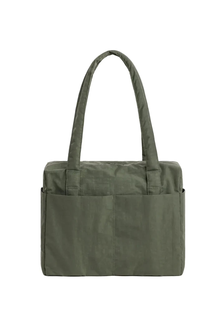 green tote bag on white background