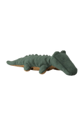 Green plush alligator toy on a white background