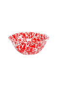 Red and white speckled bowl on a white background