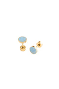 A pair of blue smiley face stud earrings with gold-colored posts and enamel detailing.