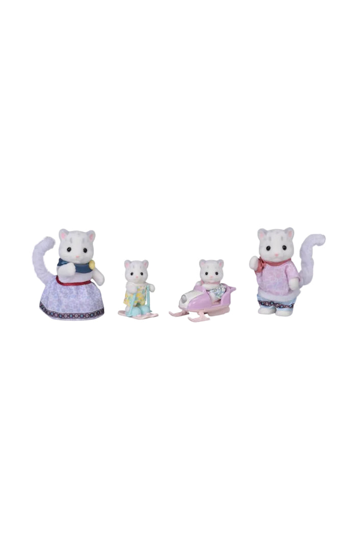 Four Sylvanian Families plush animal figures on a plain white background, including a mother cat in a lavender dress, a small kitten in light blue, a middle cat in a pink snowmobile, and a father cat in a pink sweater.