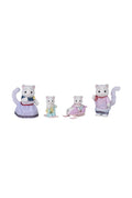 Four Sylvanian Families plush animal figures on a plain white background, including a mother cat in a lavender dress, a small kitten in light blue, a middle cat in a pink snowmobile, and a father cat in a pink sweater.