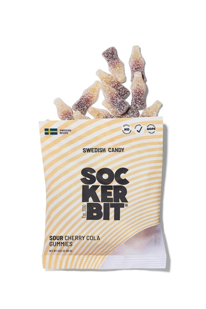 Packaged Sour Cherry Cola Gummies with 'Sockerbit' branding on a white background