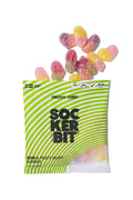 Pack of Sockerbit gummy candies with a green and white striped packaging on a white background