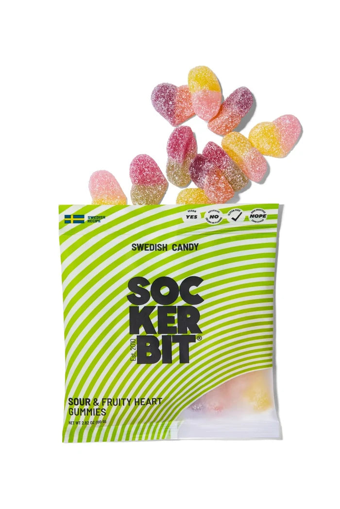 Pack of Sockerbit gummy candies with a green and white striped packaging on a white background