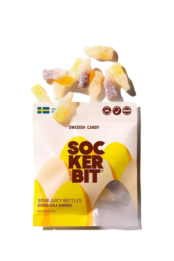 Bag of gummy candy with "SOCKERBIT" branding on white background