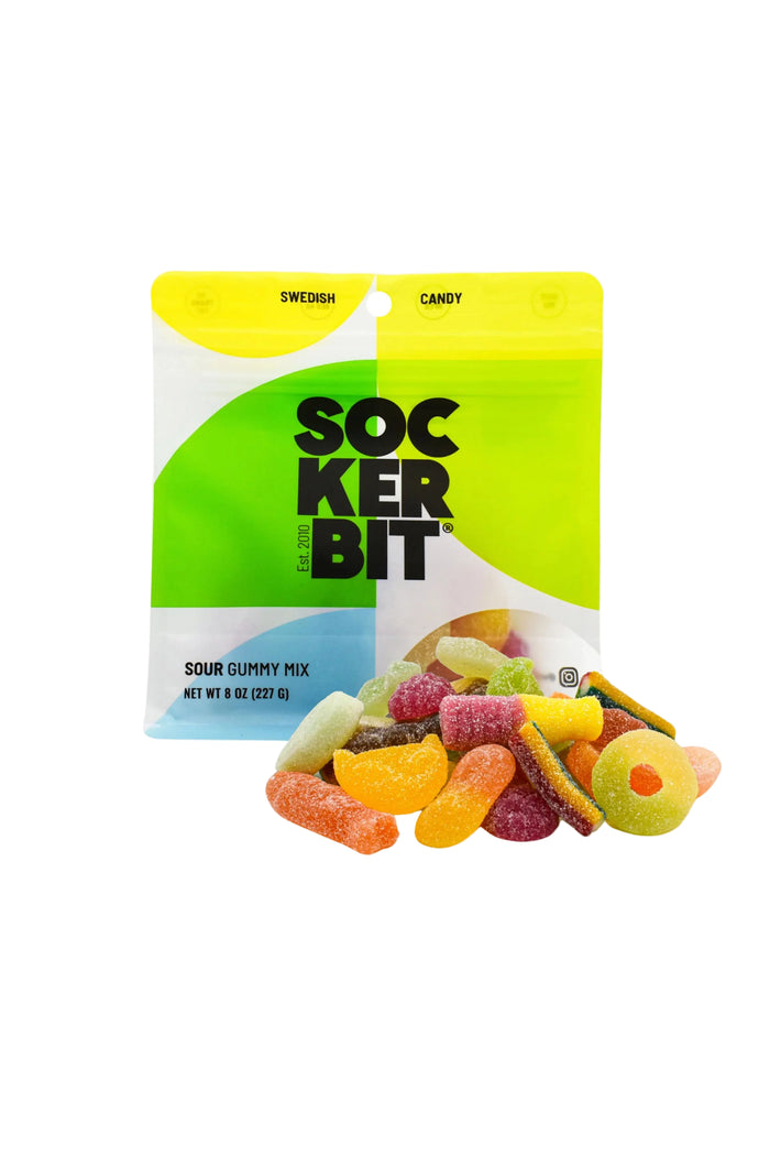 Packaging of Sockerbit gummy candy with colorful gummies on a white background