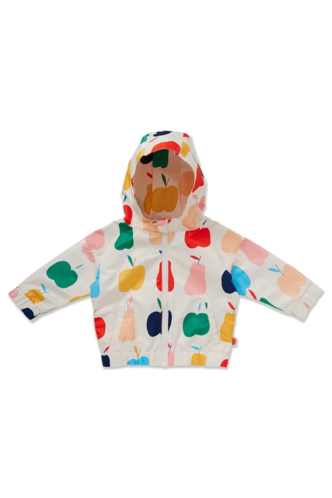 A children's hooded jacket with a colorful fruit print, laid flat on a white background. The pattern features apples and pears in green, yellow, pink, orange, and blue on an off-white base.