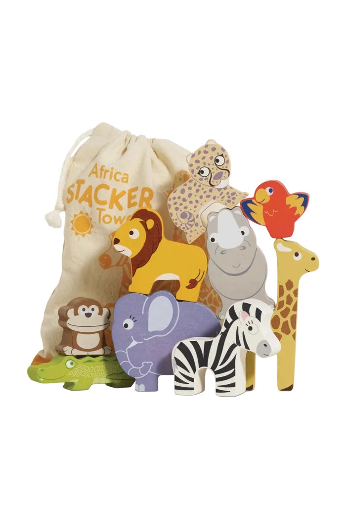 Set of wooden animal toys with a drawstring bag labeled 'Africa Stacker Town' on a white background.