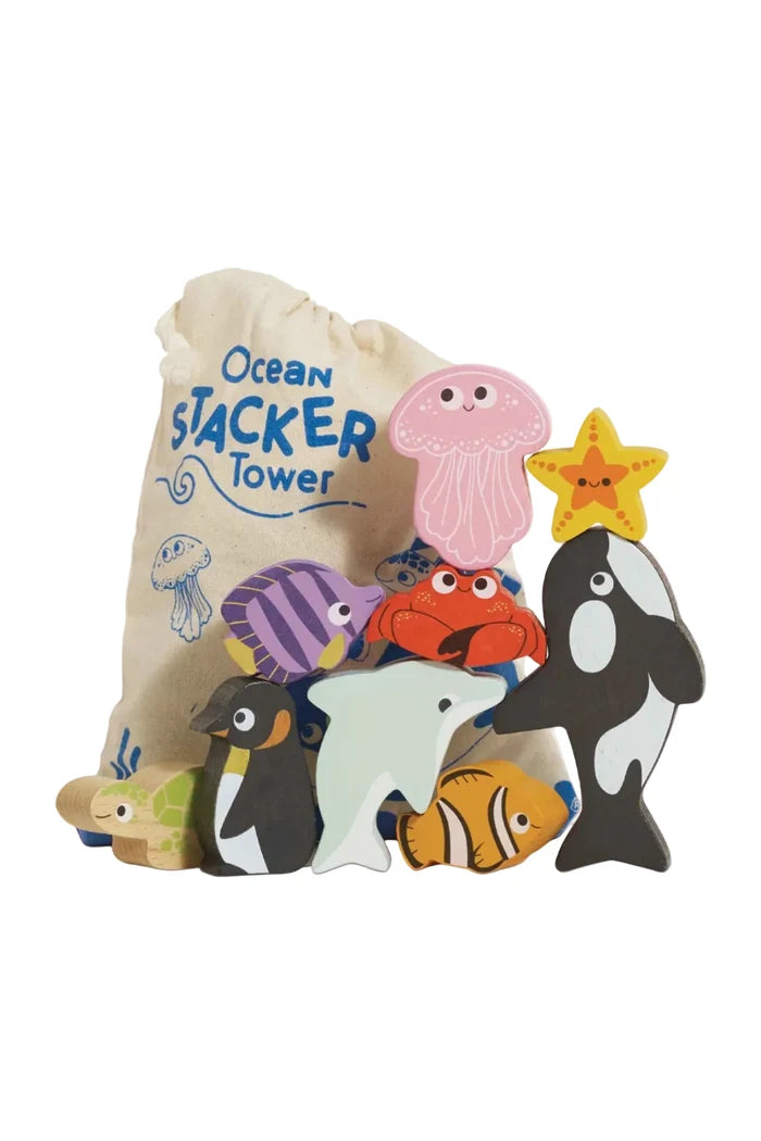 Ocean Stacker Tower wooden toy set with colorful animal cutouts and a beige drawstring bag printed with blue text, shown on a white background.