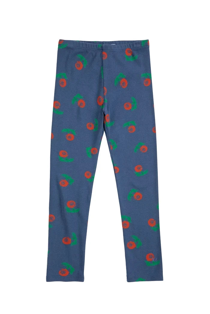 Blue leggings with an all-over red and green cherry print, shown flat against a light gray background.