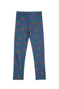 Blue leggings with an all-over red and green cherry print, shown flat against a light gray background.