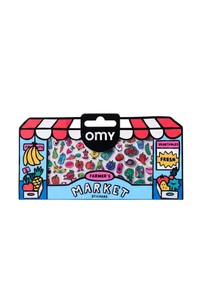 Omy Farmer's Market stickers in a die-cut cardboard packaging designed to look like a market storefront with a red and white striped awning and colorful illustrated produce.