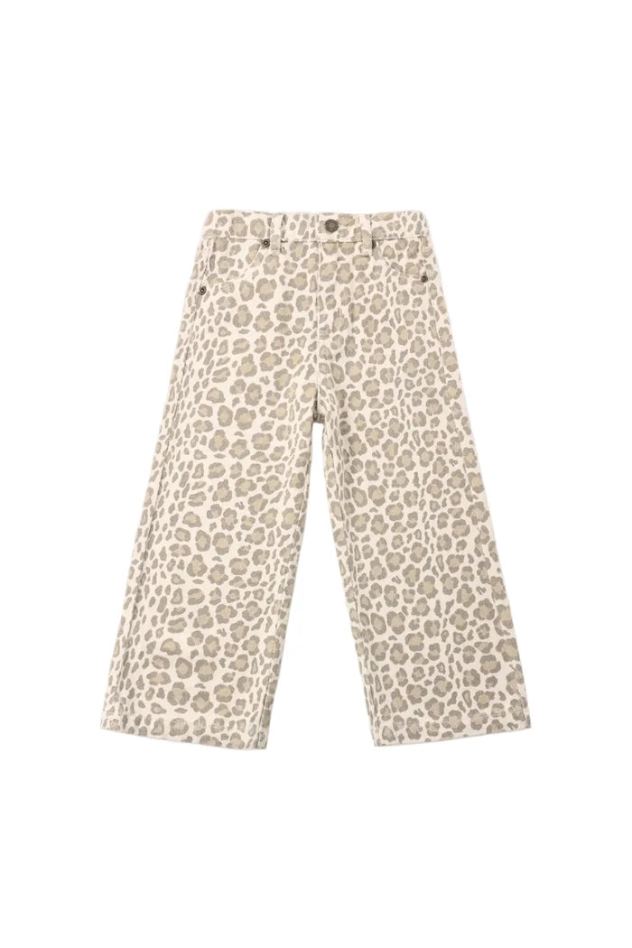 A pair of wide leg pants with an all over leopard print on a white background