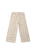 A pair of wide leg pants with an all over leopard print on a white background