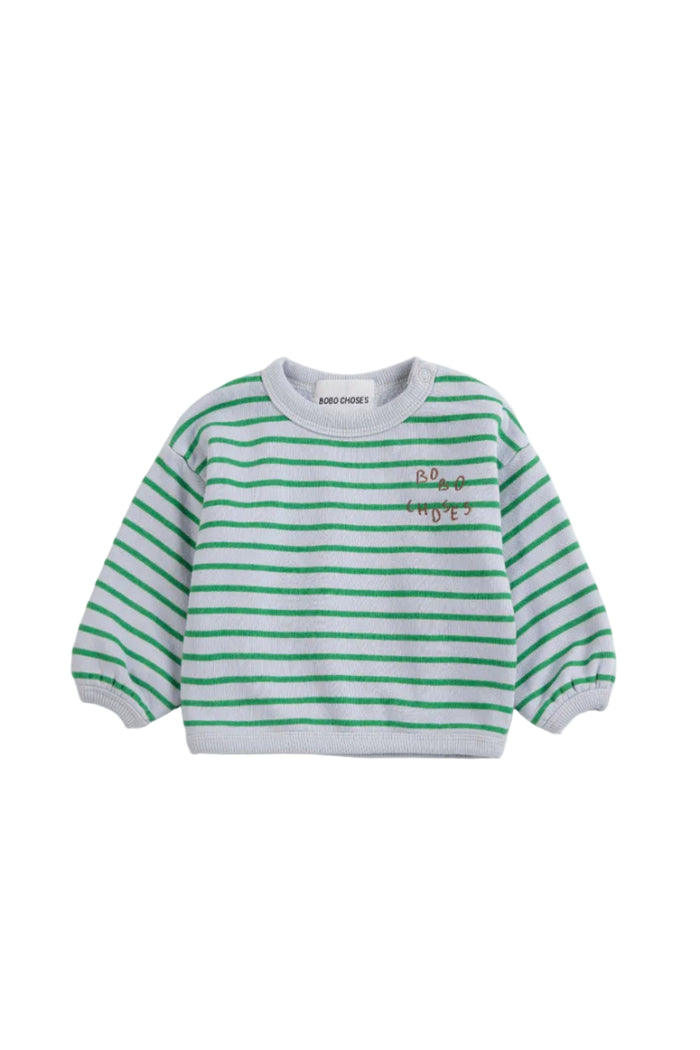 Green and white striped baby sweater with brand name text on a white background