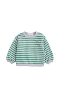 Green and white striped baby sweater with brand name text on a white background
