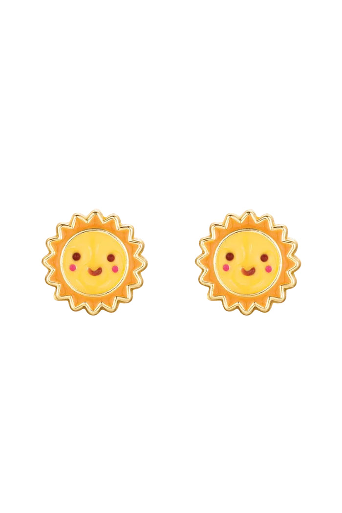 Sun-shaped earrings with a smiling face design on a white background