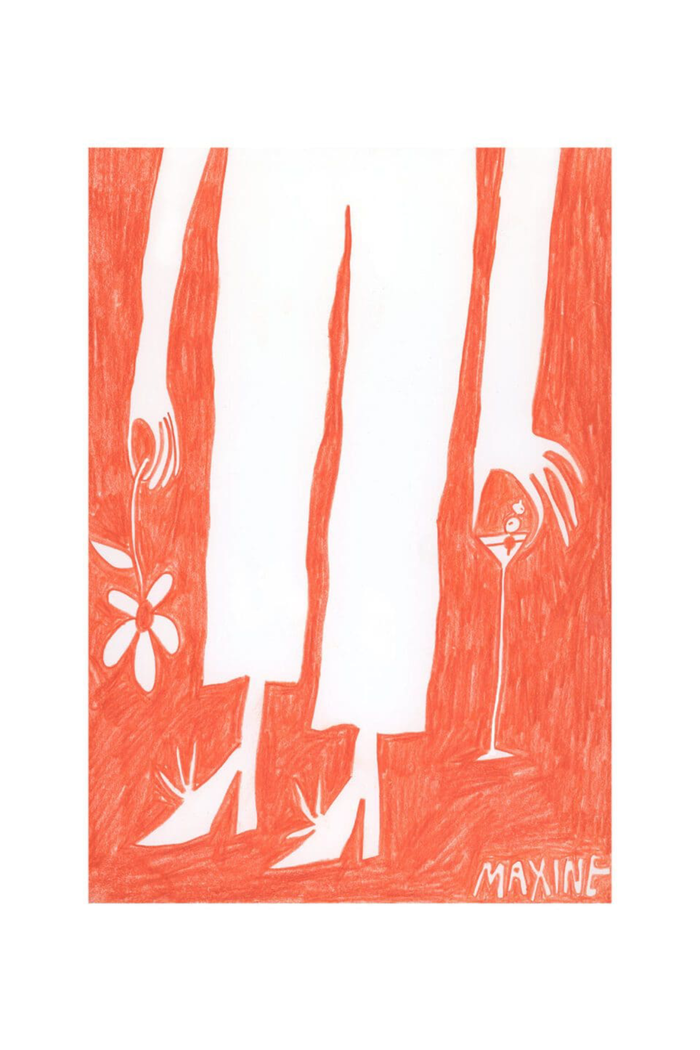 Illustration of a woman's legs in high heels with floral and cocktail glass designs on a red background, signed 'MAXINE'.