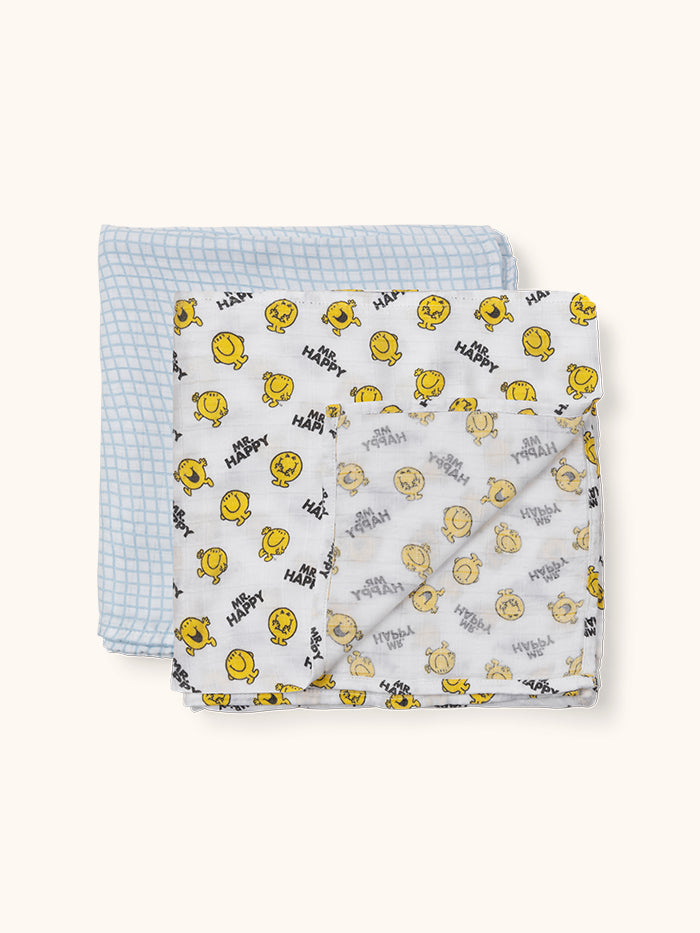 Mr. Happy Swaddle Blanket set of 2 flat lay