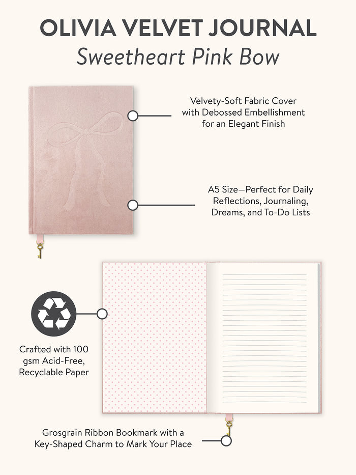 Sweetheart Pink Bow Olivia Velvet A5 Journal