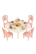 Toy table set with chairs and miniature food items on a white background