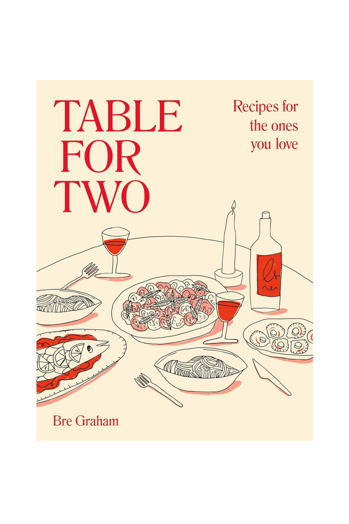 Book cover of 'Table for Two' with illustrations of a dinner table and red text on a beige background.