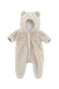 Grey fuzzy bunting with teddy bear ears on white background