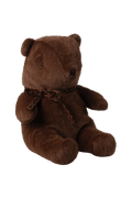 Brown teddy bear with a leopard print bow on a white background