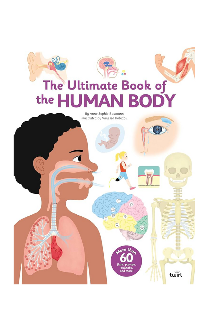 Book cover of 'The Ultimate Book of the Human Body' with illustrations of human anatomy on a white background.