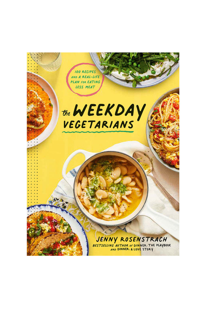 The cover of the cookbook titled 'The Weekday Vegetarians' by Jenny Rosenstrach, featuring images of various dishes on plates.