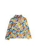 A long-sleeve mock neck top with a vibrant multicolor floral print on a cream background, displayed flat against a light gray backdrop.