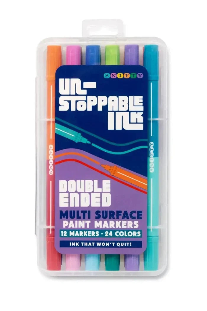 Un-Stopable Ink double-ended multi-surface paint markers in packaging on a white background