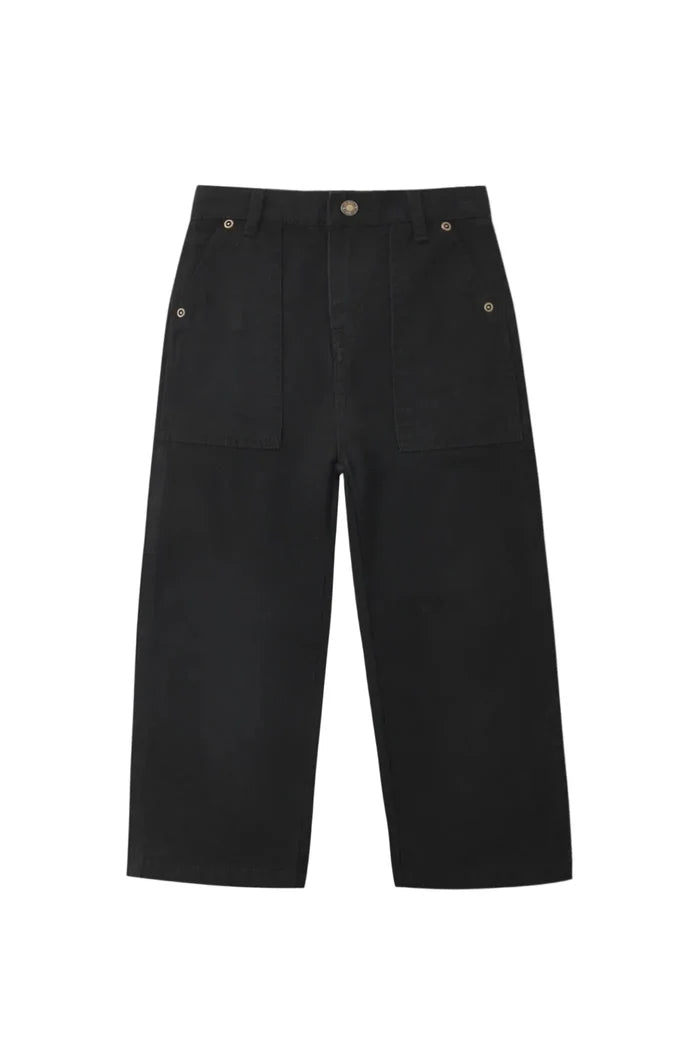 Black wide-leg cropped pants with front patch pockets and a button closure, shown flat against a light gray background.