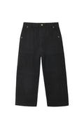 Black wide-leg cropped pants with front patch pockets and a button closure, shown flat against a light gray background.