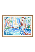 Abstract artwork with colorful swirls in a gold frame on a white background