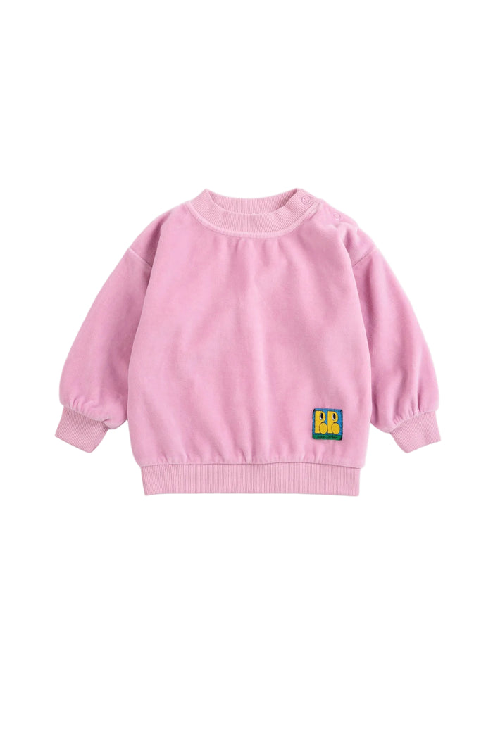 Pink sweatshirt with a logo on a white background